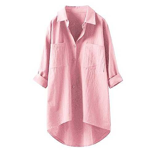 Ladies Tops Plain Longline Shirt Fashion Woman Causal V Neck Cotton Linen Blouse Long Sleeve T-Shirt Button Down Tops Oversize Loose Elegant Tee Shirt for Ladies UK Size