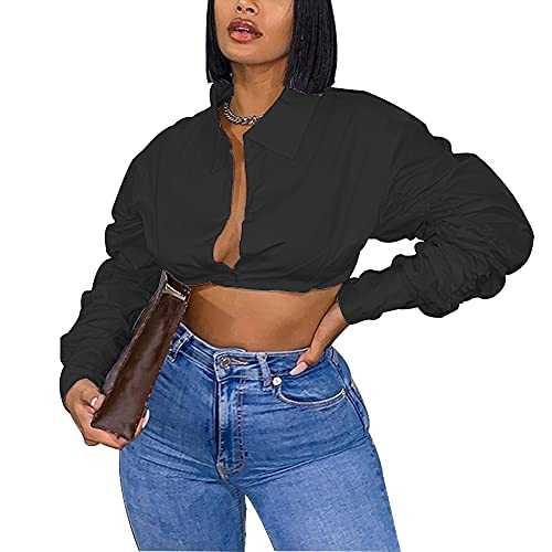 Azhong Women's Collared Puff Long Sleeve Deep V Neck Button Crop Top Blouse Shirt