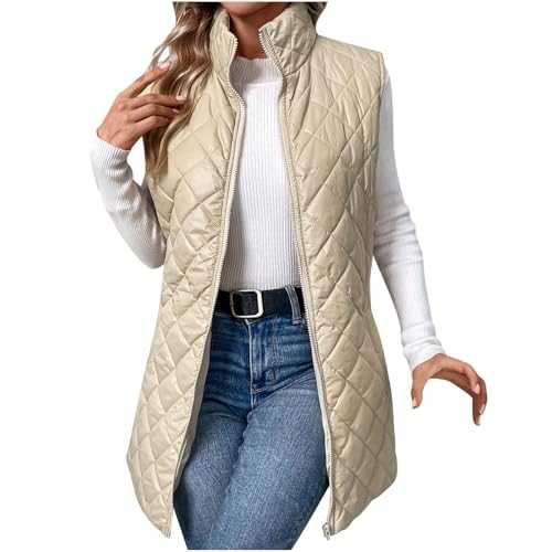 Women's Longline Puffer Gilet Lightweight Quilted Gilet Full Zip Stand Collar Thermal Padded Vest Comfy Casual Longline Puffer Gilets Sleeveless Jacket Ladies Body Warmers