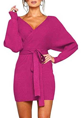 Viottiset Women's V Neck Long Batwing Sleeve Wrap Midi Knit Sweater Dress Elegant Backless with Belt Slit