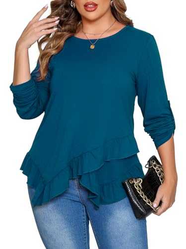 Beauhuty Womens Plus Size Tops Ruffled Hem Tunic Roll Up Sleeves Crew Neck T-Shirts Casual Flowy Dressy Blouses