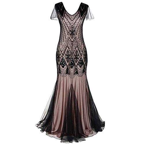 IWEMEK Women 1920s Flapper Dress V Neck Beaded Sequin Mermaid Hem Roaring 20s Fancy Dress Vintage Fringed Gatsby Theme Cocktail Evening Long Prom Gown Plus Size