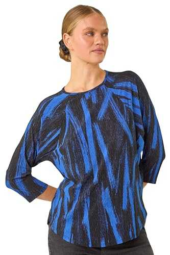 Roman Originals Leaf Print Plisse Stretch Top for Women UK - Ladies Everyday Autumn Winter Round Neckline Comfy Soft Evening Vacation Work Party Night Out