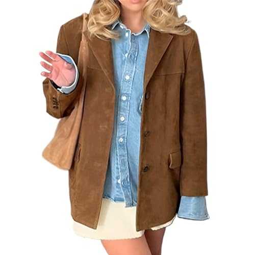 Women's Suede Jacket - Vintage Brown Suede Winter Jacket Old Money Aesthetic Faux Leather Suede Coat Women Y2k Outerwear