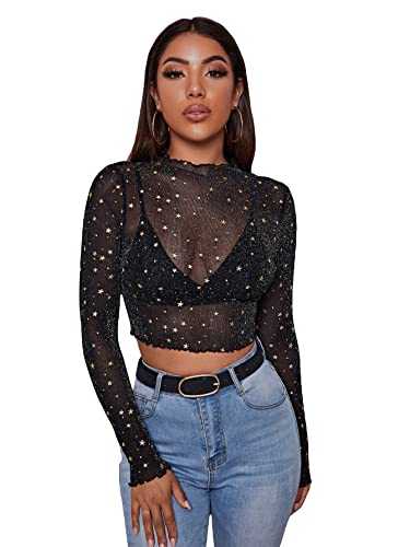 GORGLITTER Women's Star Print Mesh See Through Crop Tee Tops Lettuce Trim Long Sleeve Mock Neck T Shirts Sexy Sheer Mesh Crop Top