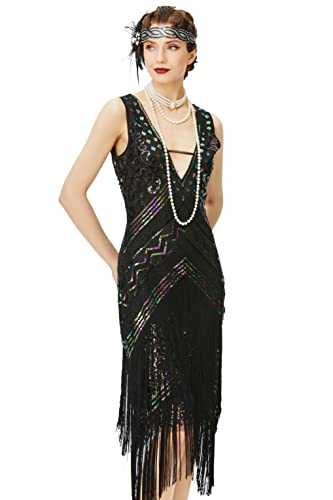 BABEYOND 1920s Flapper Dress V Neck Sequin Beaded Dress Roaring 20s Gatsby Fringe Party Dress