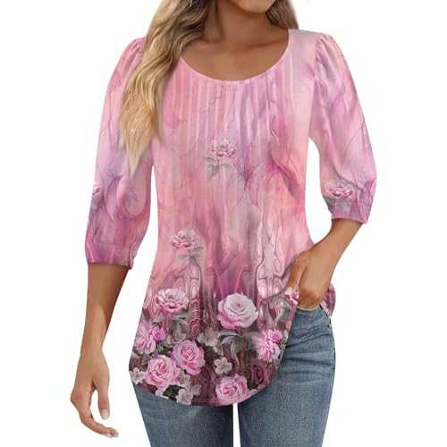 Womens Tops Casual 3/4 Sleeve Crewneck Neck Shirts Tshirts Loose Fashion Blouse Summer Tee Tunic T-Shirts Daily Oufits