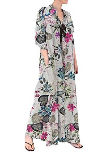 EFOFEI Women Kaftan Cotton Linen Boho Dress Casual Straight Long Shirt Dress Summer Simple Everyday Dress with Pockets