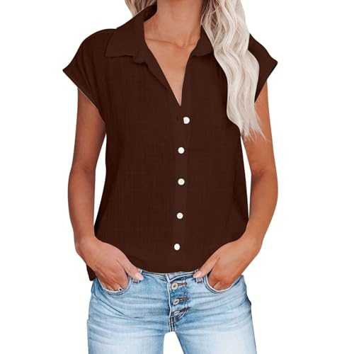 Yinguo Ladies Casual Solid Color Breathable Single Breasted Shirts Women's Short Sleeve Tops Cotton and Linen Running Shirts for Women