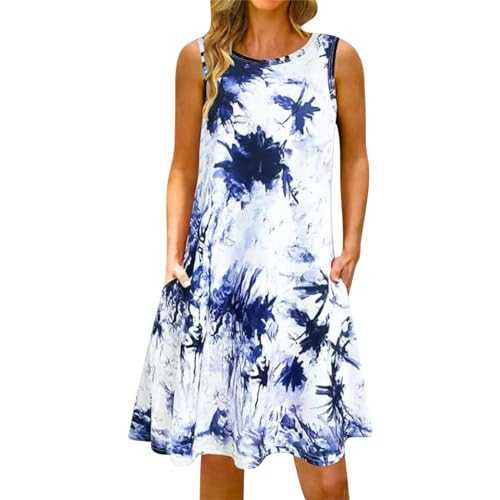 AMDOLE Boho Dresses for Women UK Print Spring and Summer Loose Round Neck Suspender Sleeveless Vest Pocket Dress Maxi Dresses for Women UK