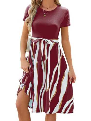 iChunhua Women's Casual Summer Dresses Short Sleeve Round Neck Beach Holiday Dress Midi Sundress with Belt