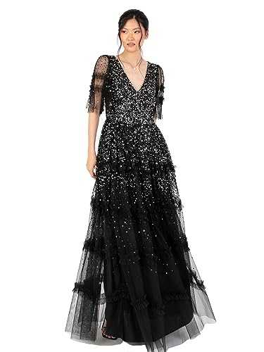 Maya Deluxe Women's Maxi Dress Ladies V-Neck Sequin Embellished Ruffle Detail for Wedding Guest Bridesmaid Prom Occasion Ball Gown