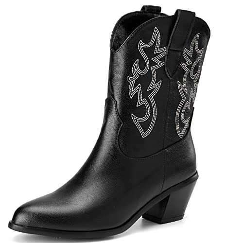 Mo Joc Fashion Women's Short Shaft Ankle Mid Calf Cowboy Boots with Block Heels and Pointed Toe Western Boots