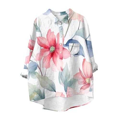 Womens Casual Long Sleeve Shirts Button Down Top Flower Pattern Printed Women's Lapel Neck Casual Cotton and Linen Long Sleeve Shirt Winter Shirts for Men UK