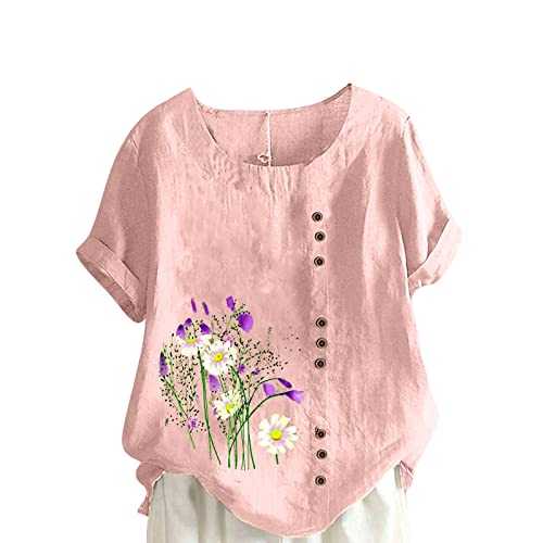 Mrat Cotton Linen Tops for Women UK Summer Short Sleeve Shirts Floral Print Crew Neck Button Blouses Ladies Elegant Dressy Casual Tee Shirts Blouses Office Work Party Blouse Oversized Pullover Sale