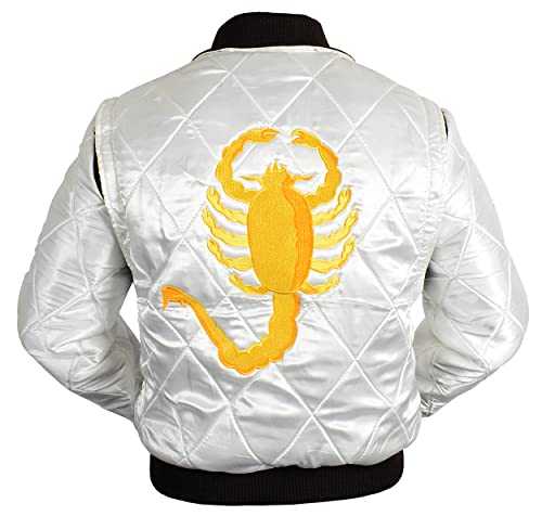LP-FACON Drive Jacket - Ryan Gosling Scorpion Logo White Satin Bomber Jacket Men - Scorpion Jacket
