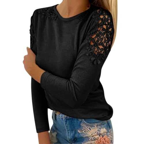 Womens Lace Patchwork Jumper Fashion Elegant Hollow Long Sleeve Round Neck Cotton T Shirts Plus Size Loose Fit Going Out Office Work Tunic Shirts Ladies Casual Basic Dressy Blousers