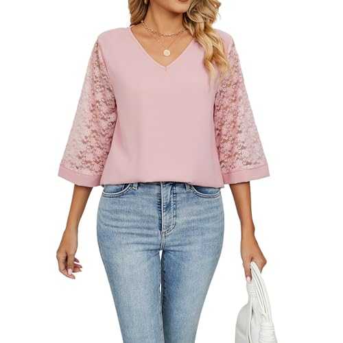 Atxnn Womens Blouses 3/4 Sleeve Tops Chiffon Tunic Top V Neck Loose Shirts with Lace Sleeves for Spring Summer Fall