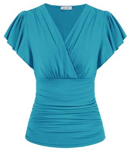 GRACE KARIN 2024 Womens Tops Summer Wrap Blouse V Neck Ruffle Sleeve Dressy Casual Top Ruched T-Shirts