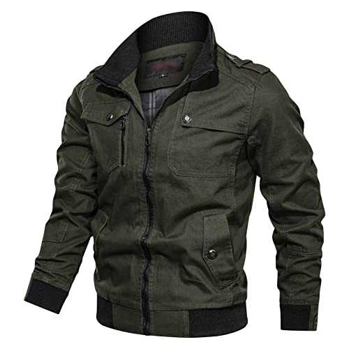 Men's Washed Cotton Cargo Jacket Stand Collar Multi-Pocket Military Jackets Lightweight Army Utility Bomber Coat