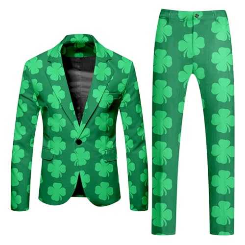Mens Suits 3 Piece Regular Fit, Mens St. Pat's Day Printed Pocket Lapel Button Suit Suit Agent Suit