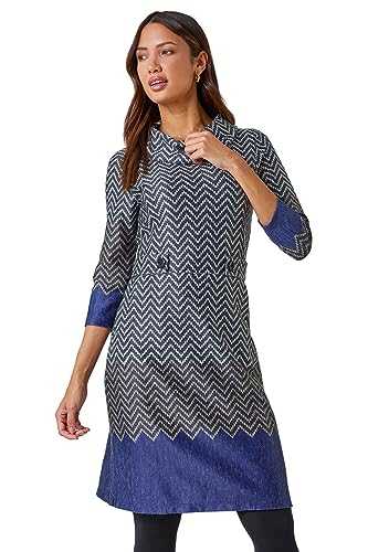 Roman Originals Cowl Neck Dress for Women UK - Ladies Button Detail Shift Work Office Autumn Winter Knee Length Casual 3/4 Full Length Sleeve Round High Warm Neckline