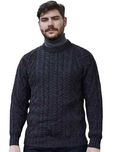 SAOL 100% Merino Wool Traditional Aran Crew Neck Sweater for Men, in Natural/Charcoal/Army Green