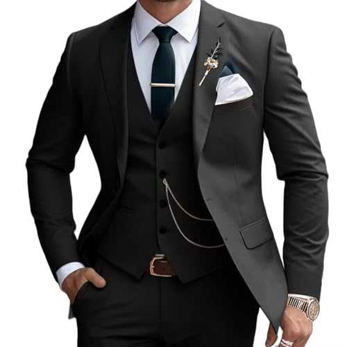 Lanshion 3 Pieces Suits for Men, Men's 2 Button Slim Fit Suit Set Notched Lapel Solid Blazers Vest Pants Set