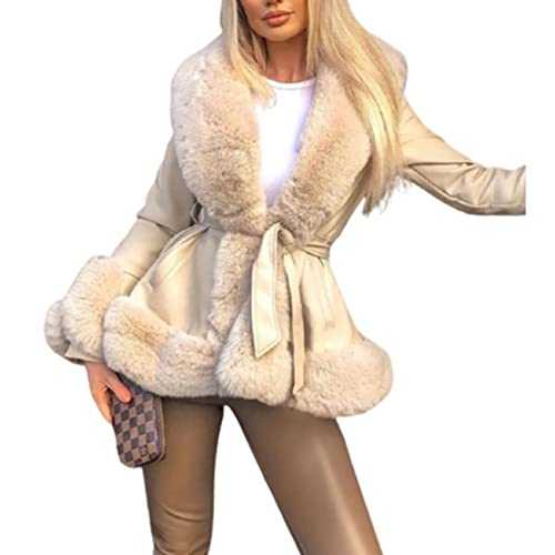 WHZXYDN Faux Fur Pu Big Fur Collar Tie Waist Ladies Windbreaker Stitching Slim Long-Sleeved Jacket Women