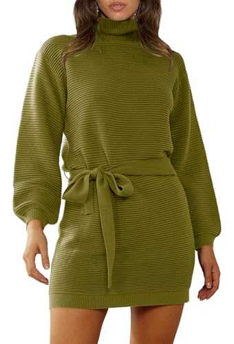 MITILLY Women's 2023 Fall Sweater Dresses Turtleneck Long Sleeve Ribbed Knit Tie Waist Bodycon Cocktail Mini Dress