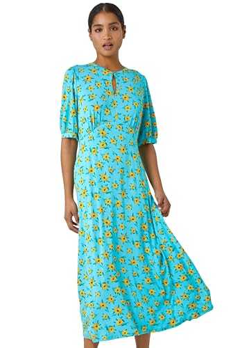 Roman Originals Sunflower Print Keyhole Stretch Midi Dress for Women UK - Ladies Everyday Holiday Spring Summer Notch Neckline Comfy Soft Evening Vacation Work Party - Blue - Size 10