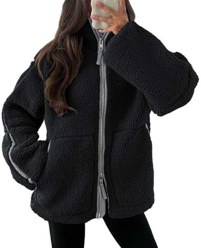 Tankaneo Womens Zip Up Sherpa Fleece Jackets Color Block Stand Collar Teddy Coat Winter Oversized Fuzzy Outerwear