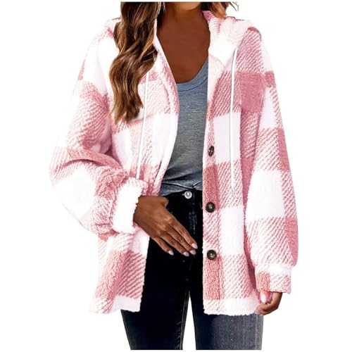 Plaid Fleece Shacke Women UK Sale Clearance Winter Tartan Jacket Flannel Woolen Button Down Pea Coats Ladies Fluffy Fuzzy Shirt Lapel Pocket Checked Tops Teddy Bear Coat Plush Thicken Coat
