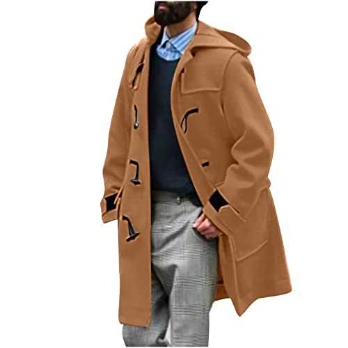 Trench Coat Men UK,Men's Overcoat with Horn Buckles Sale Clearance Wool Mid Length Pea Coat Windbreaker Autumn Winter Warm Hooded Jacket Coats Business Casual Slim Fit Trench Coats Size 10-22