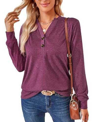 Atxnn Womens Blouses Long Sleeve Tops V Neck T-Shirt Solid Color Shirts with Decorative Button Casual Soft Tunic Top