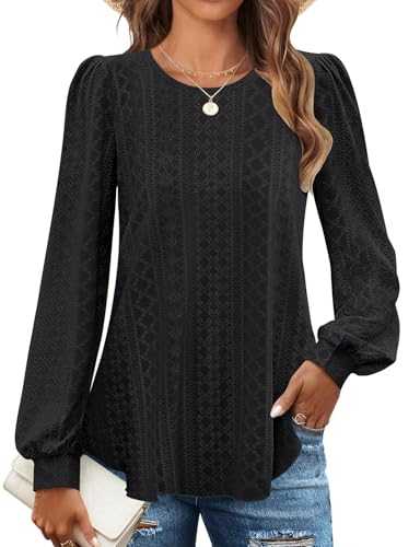 Flikity Womens Long Sleeve Tops Casual Crew Neck Eyelet Tops Puff Sleeve Ladies Blouses Spring Autumn Winter Tunic Clothes M-2XL