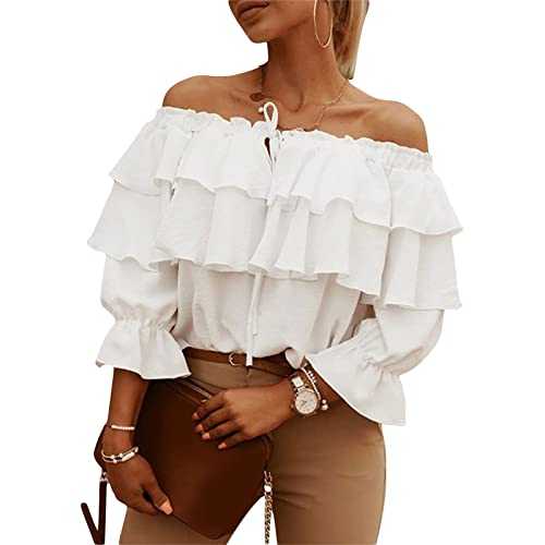 YILEEGOO Women's Sexy Off Shoulder Ruffle Long Sleeve Blouses Shirt Casual Layered Tops Ruffles Tie-Up Chiffon Summer Tops