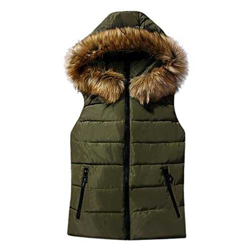 Gilet for Women UK Hooded Quilted Zip Up Sleeveless Padded Jacket Vest with Fur Hood Winter Padded Body Warmer Solid Outwear Ladies Gilet Coat Size 12-16