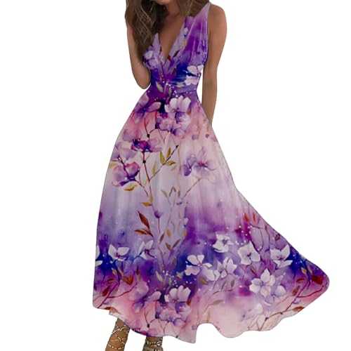 AMDOLE Linen Dresses for Women UK Sundresses for Women 2024 Spring Summer Elegant Wrap V Neck Sleeveless Maxi Dress Trendy Floral Print Flowy Beach Dress Women Dresses