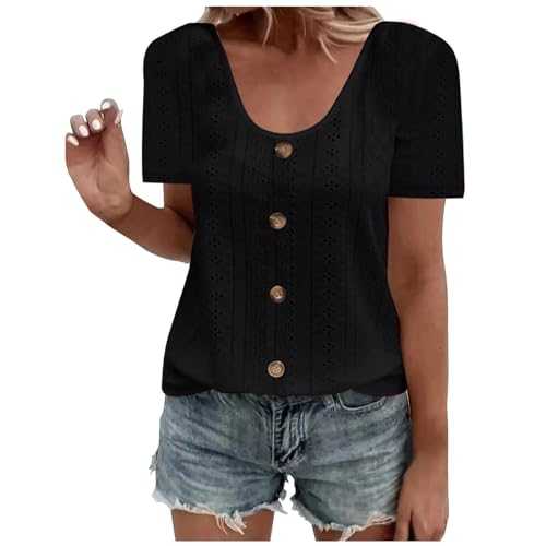 Summer Tops for Women UK Trendy Short Sleeve Crew Neck T-Shirt Casual Solid Color Hollow Out Eyelet Shirts Ladies Elegant Going Out Blouse Lightweight Loose Fit T Shirt