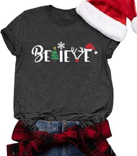 KIDDAD Believe Christmas T-Shirt Women Casual Short Sleeve Funny Letter Print Tee Tops