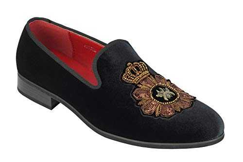 Xposed Mens Velvet Loafers Bee & Crown Embroidered Motif Vintage Dress Shoes Slip on Slippers