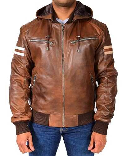 Mens Trendy Cognac Leather Bomber Jacket Fitted Removable Hood Dante