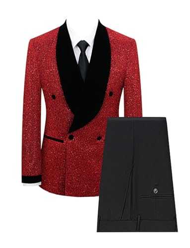 Pkrboro Men's Double Breasted Buttons Suit Bright Silk Jacket with Trousers 2-Piece Set for Leisure Wedding Groom