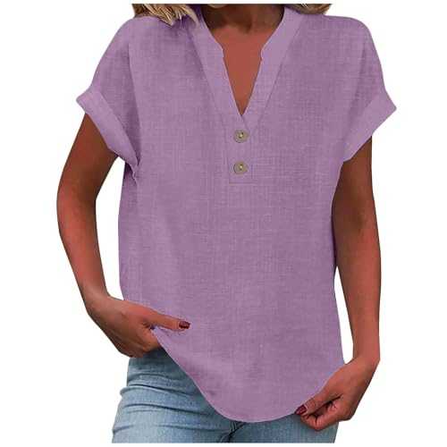 Women Linen Tops Clearance,Ladies Solid Color Short Sleeve V Neck Button T Shirts Summer Cotton Linen Blouses Casual Loose Shirt Comforty Breathable Trendy Blouse Plus Size Tees UK Size S-5XL
