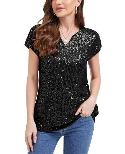 MINTLIMIT Women V Neck Sequin Short Cap Sleeve Blouse Glitter Top Fully Body Sequines Casual Sparkly Wear Shirt Tops