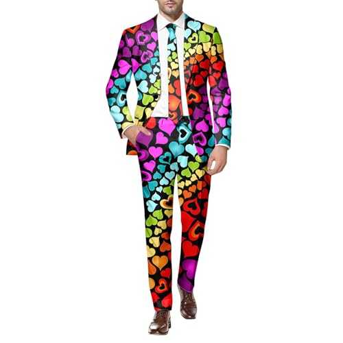 Men Valentine's Day Slim Fit Suit 2PC, Love Heart Print Blazer Jacket Dress Suit Pants Outfits, V Neck Blazer Jacket Pants Two-Piece