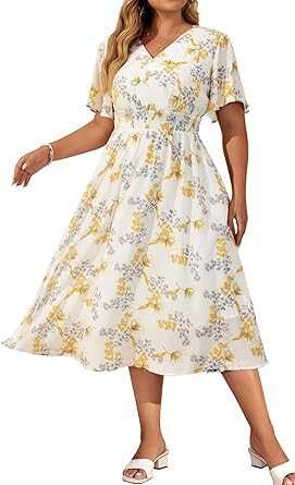 Women's Plus Size Summer Floral Dress Casual Short Sleeve Sundress Swing A Line Maxi Flowy Dresses with Pockets