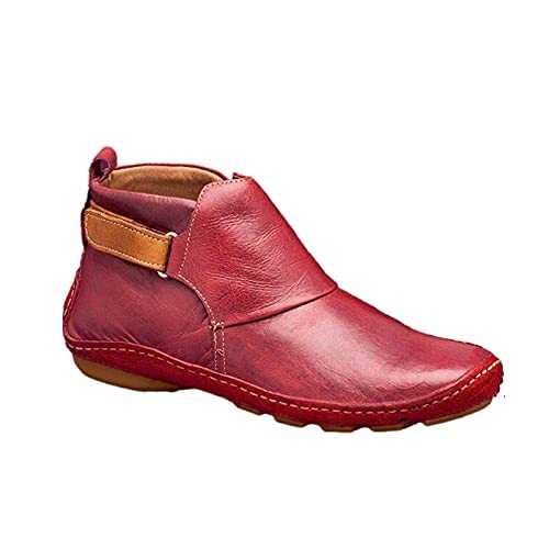 Leather Ankle Boots for Women Round Toe Low Wedge Heel Casual Shoes Bare Boots Wedge Boots Ladies Lightweight Casual Comfort Ankle Boots Red UK Size 3-7.5 Sales Clearance