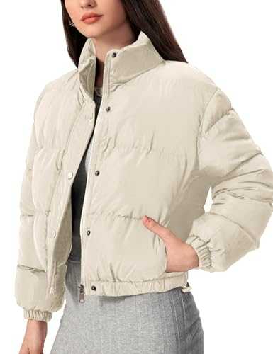 Flygo Women's Cropped Puffer Jacket - Full Zip Padding Warm Quilted Jackets Winter Coats
